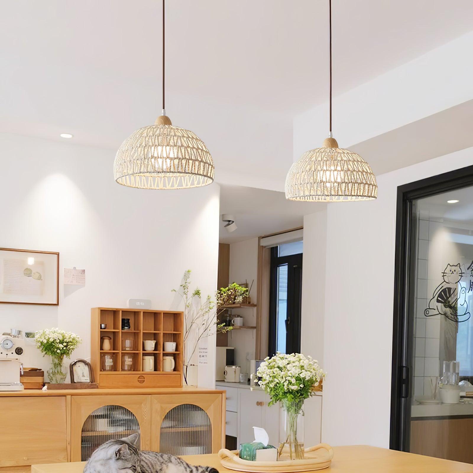 Modern Rattan Arch Pendant Light Handcrafted Wood and Woven Fiber Hanging Ceiling Lamp for Dining Room