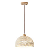 Modern Rattan Arch Pendant Light Handcrafted Wood and Woven Fiber Hanging Ceiling Lamp for Dining Room