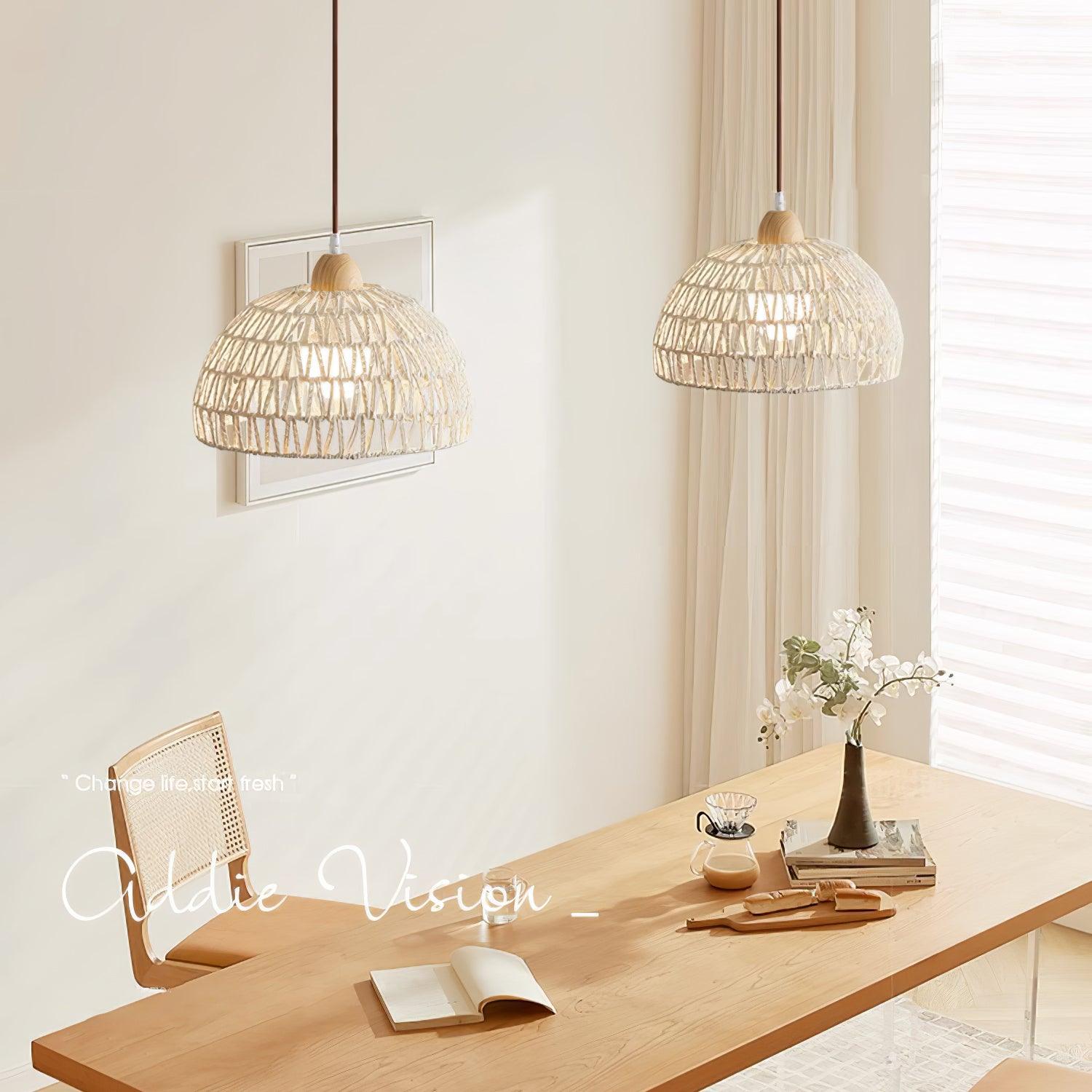 Modern Rattan Arch Pendant Light Handcrafted Wood and Woven Fiber Hanging Ceiling Lamp for Dining Room