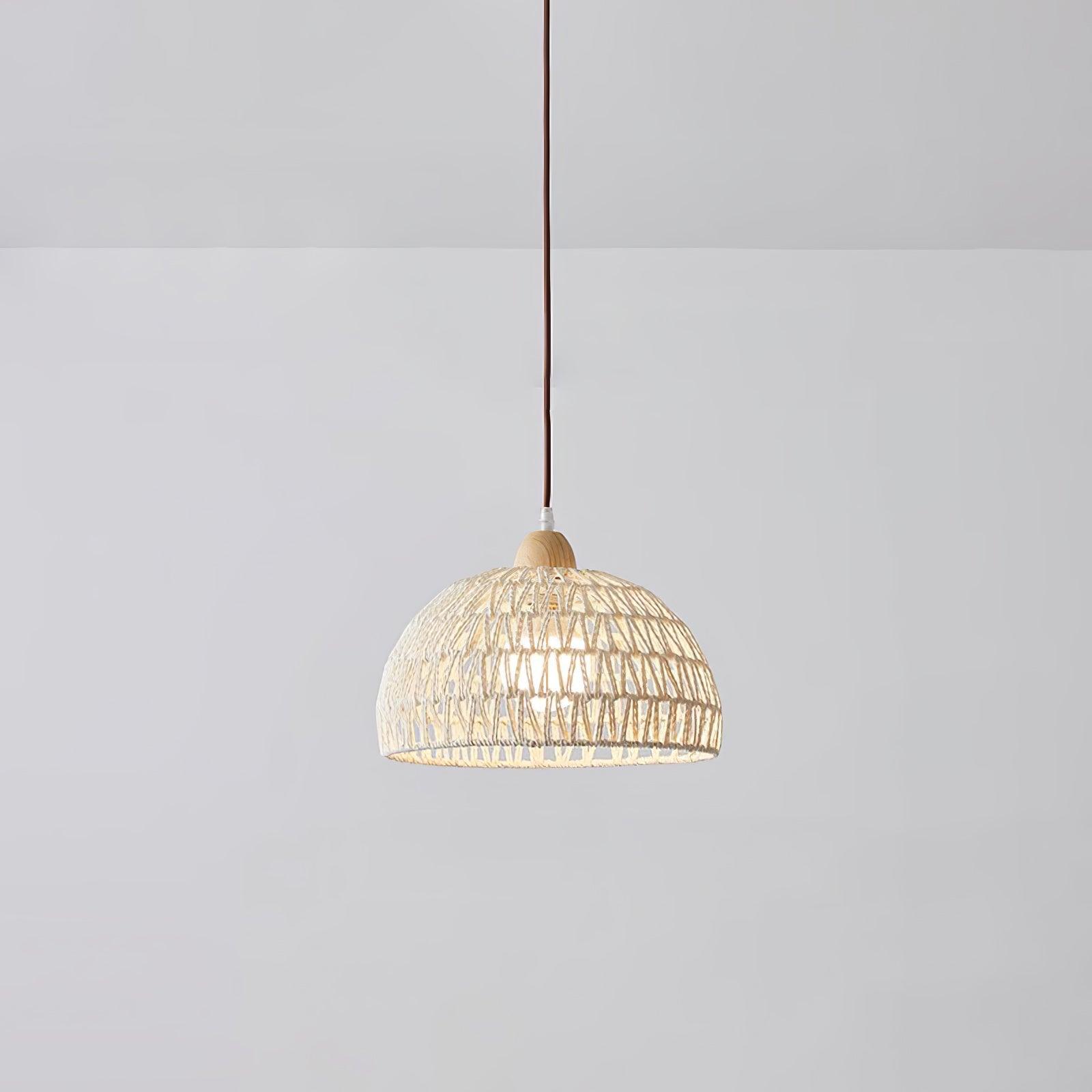 Modern Rattan Arch Pendant Light Handcrafted Wood and Woven Fiber Hanging Ceiling Lamp for Dining Room