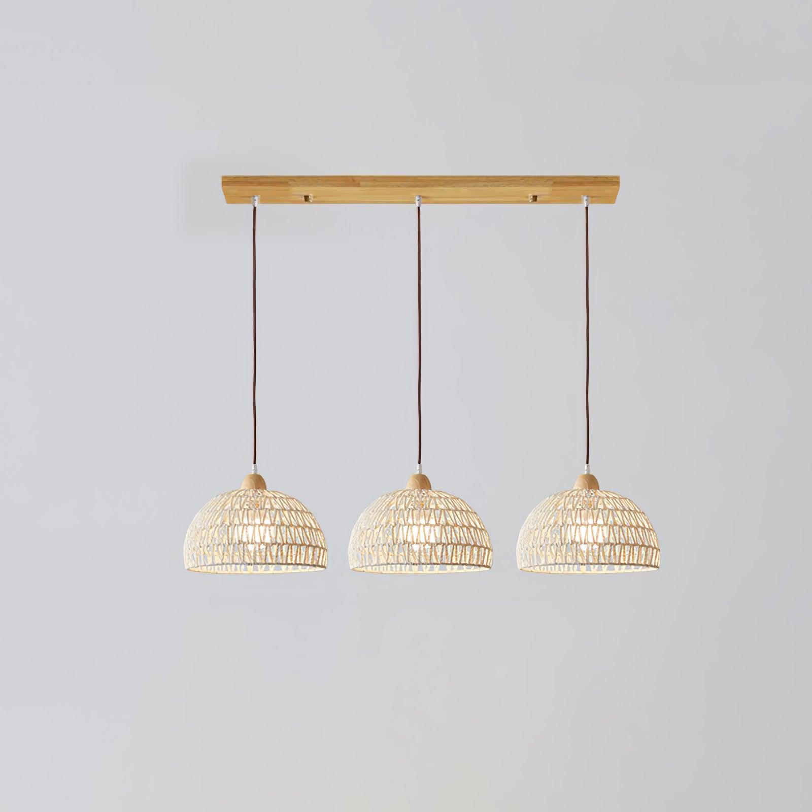 Modern Rattan Arch Pendant Light Handcrafted Wood and Woven Fiber Hanging Ceiling Lamp for Dining Room