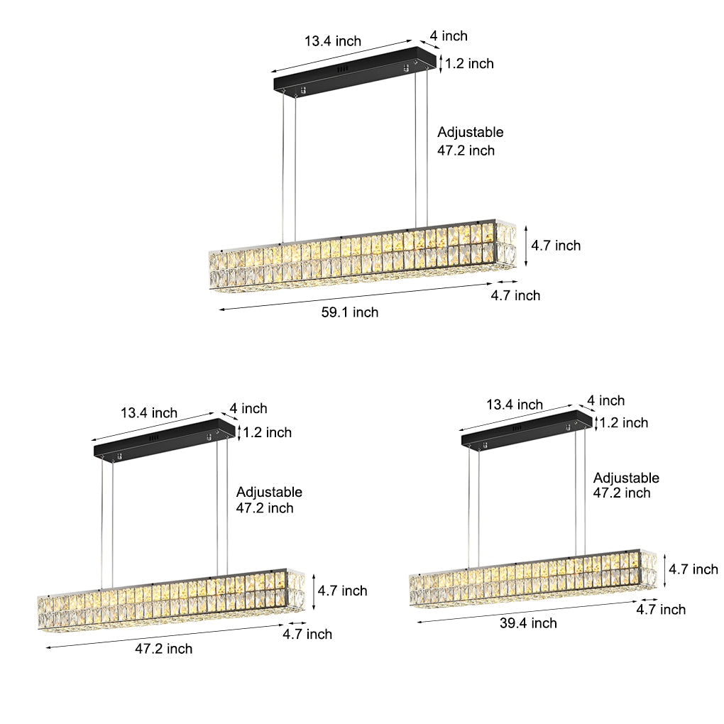 Modern Rectangular Crystal LED Chandelier Luxury Linear Pendant Light with 3 Step Dimming