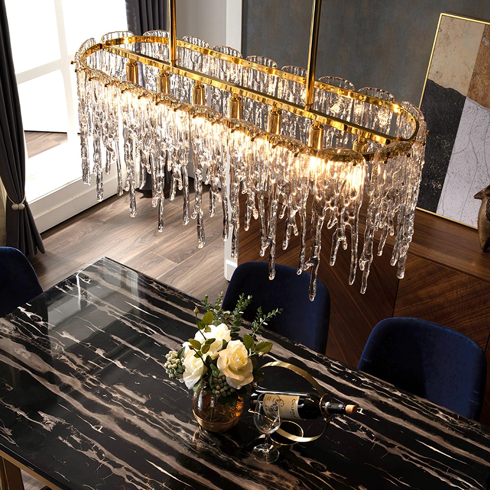 Modern Rectangular Icicle Crystal Glass Chandelier with Brass Finish for Luxury Dining Rooms
