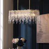 Modern Rectangular Icicle Crystal Glass Chandelier with Brass Finish for Luxury Dining Rooms