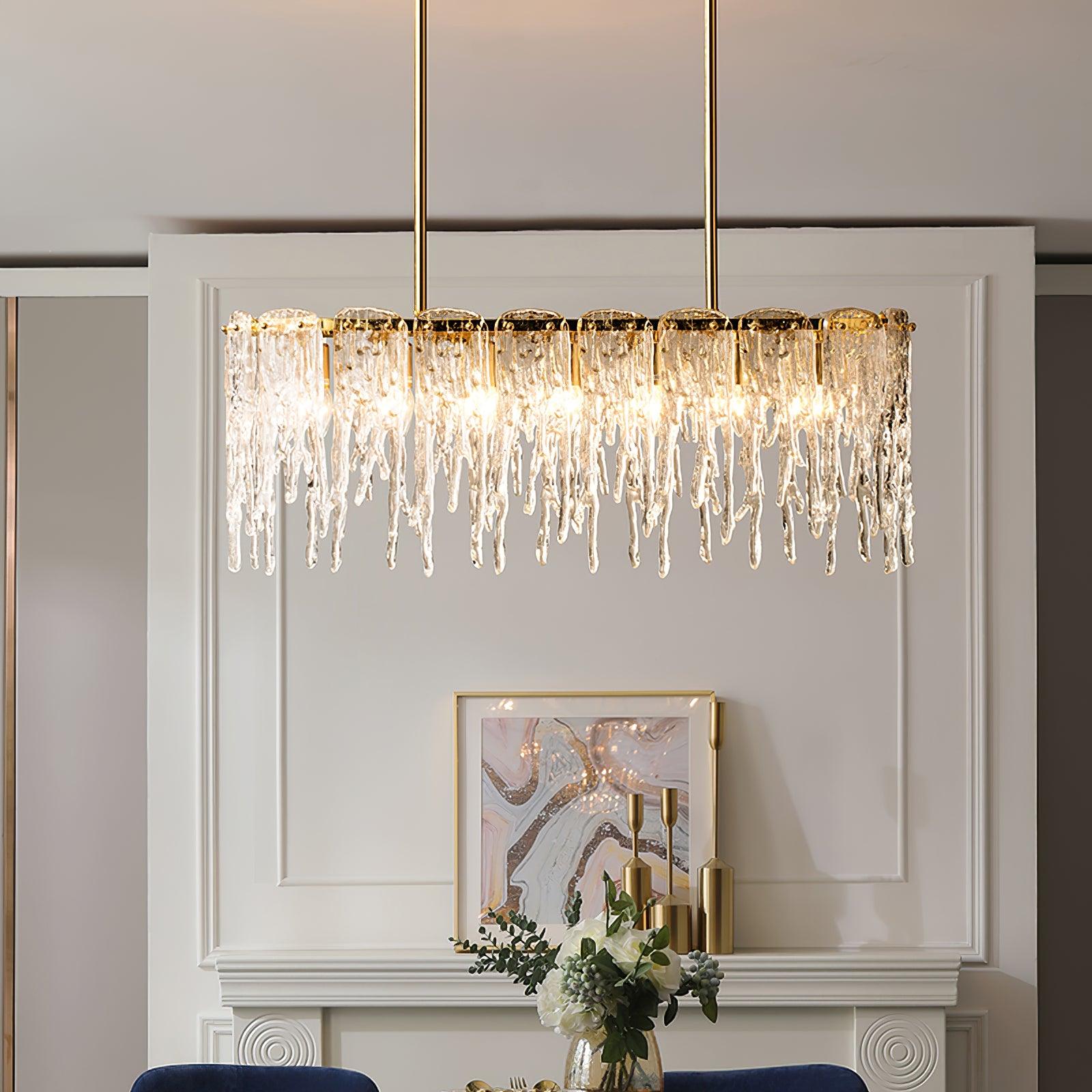 Modern Rectangular Icicle Crystal Glass Chandelier with Brass Finish for Luxury Dining Rooms