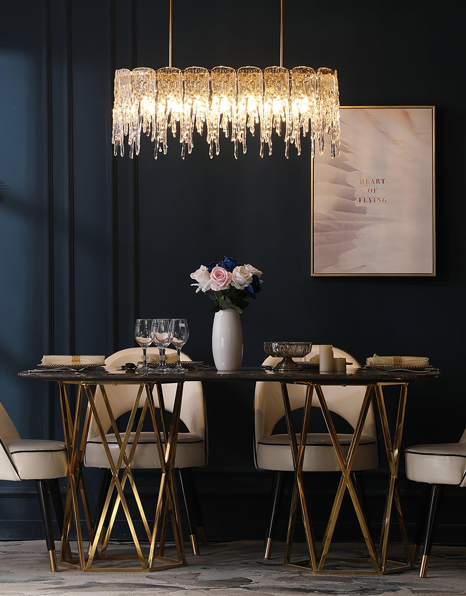 Modern Rectangular Icicle Crystal Glass Chandelier with Brass Finish for Luxury Dining Rooms