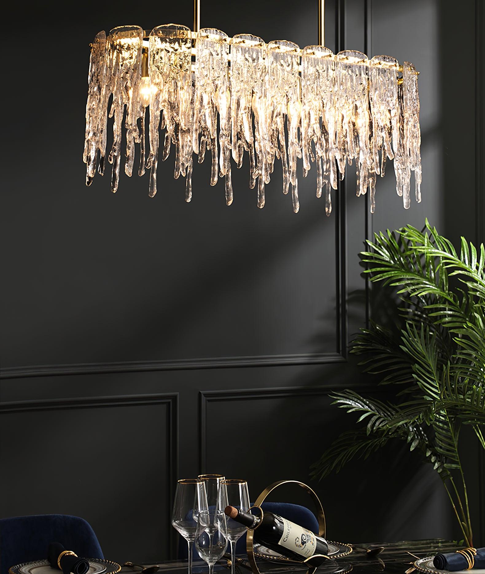 Modern Rectangular Icicle Crystal Glass Chandelier with Brass Finish for Luxury Dining Rooms