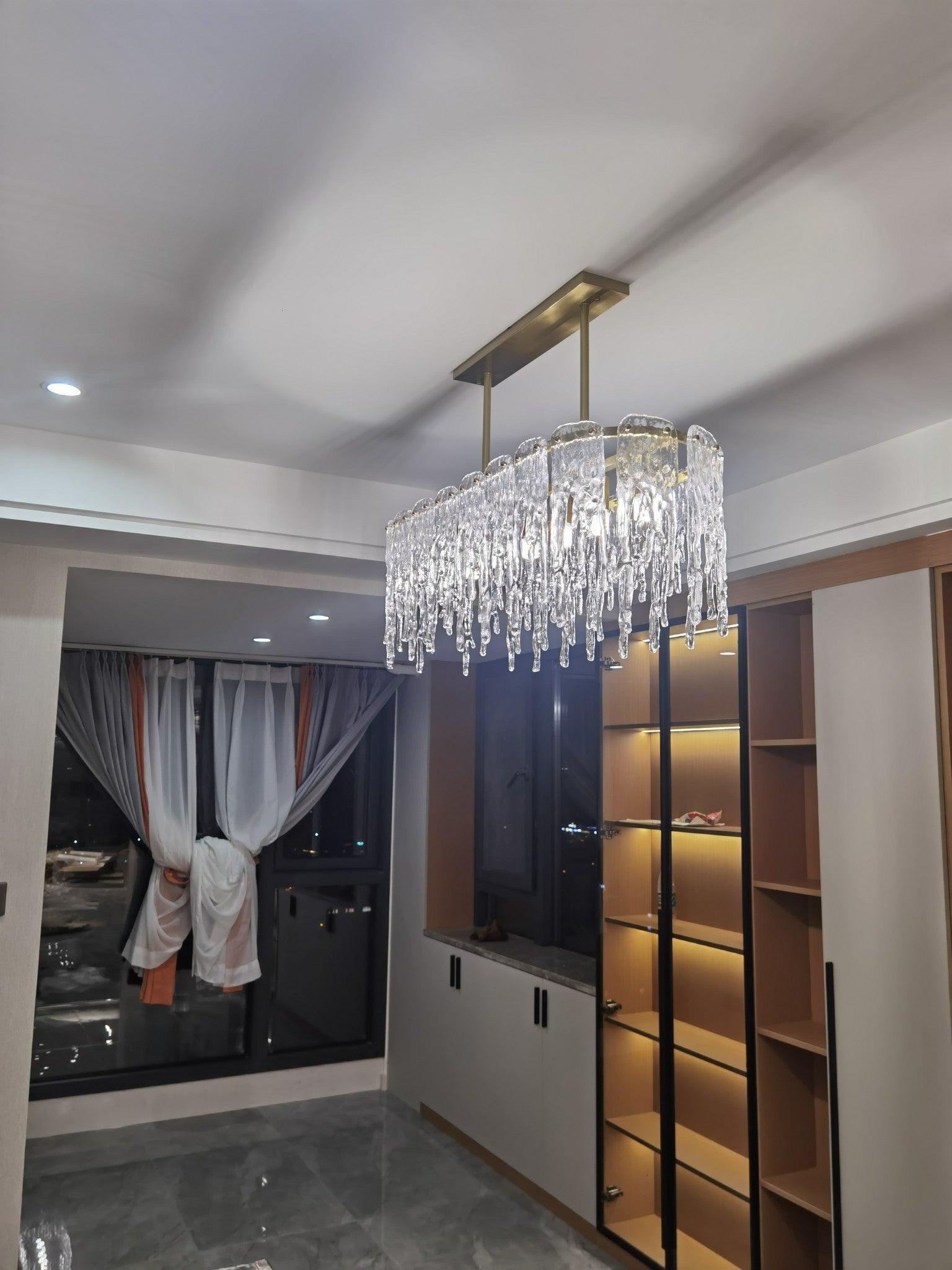 Modern Rectangular Icicle Crystal Glass Chandelier with Brass Finish for Luxury Dining Rooms