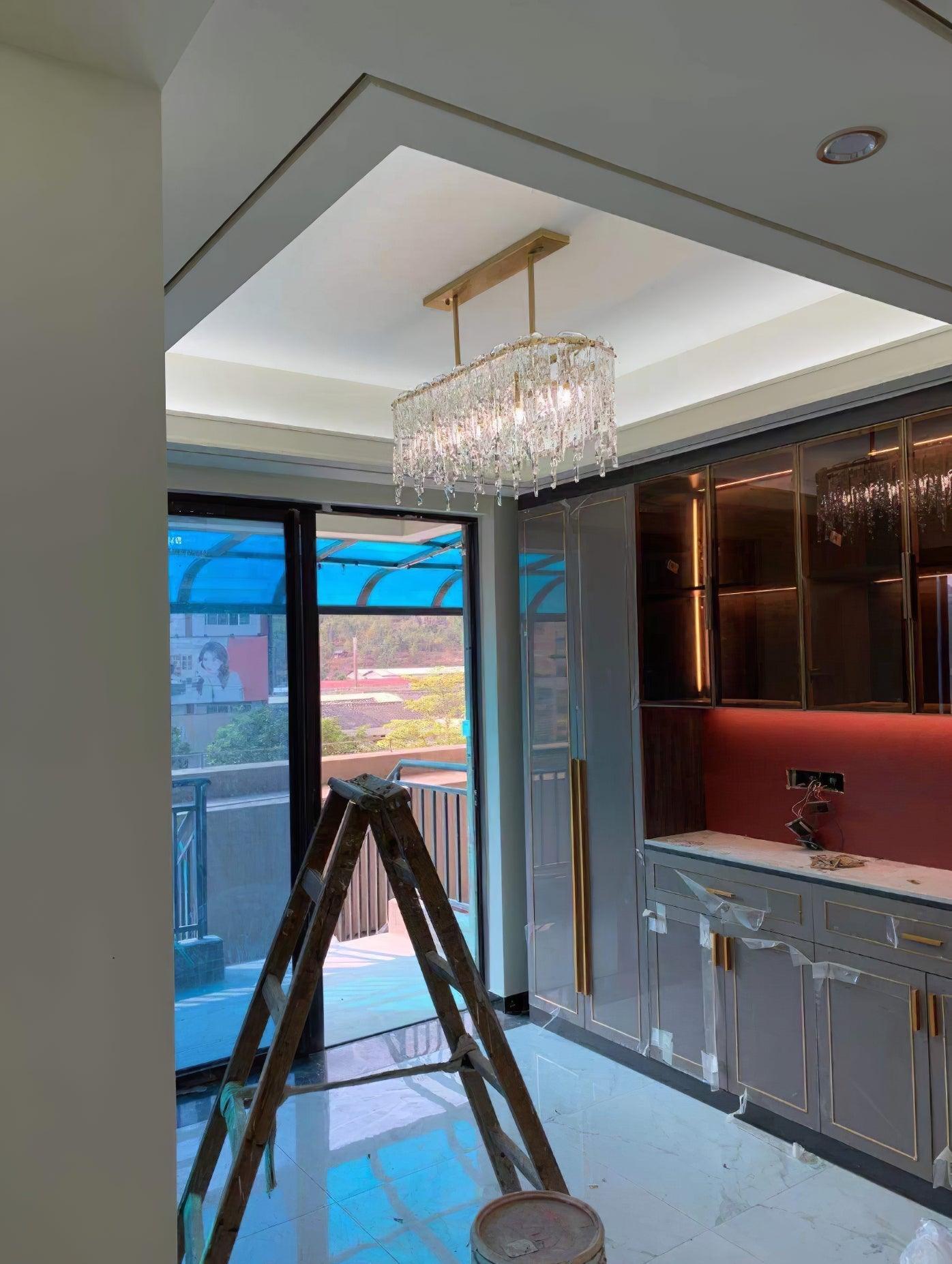 Modern Rectangular Icicle Crystal Glass Chandelier with Brass Finish for Luxury Dining Rooms
