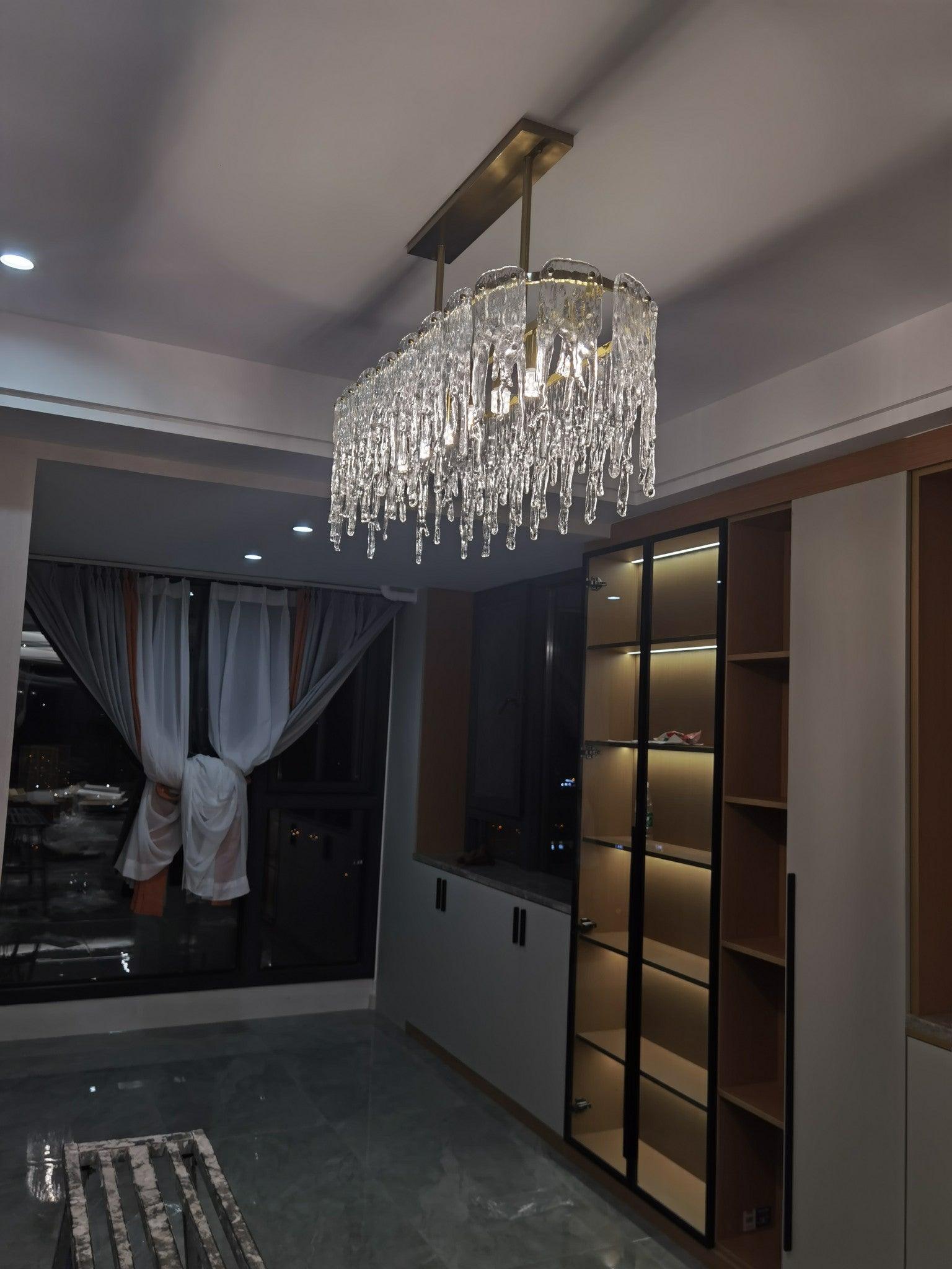 Modern Rectangular Icicle Crystal Glass Chandelier with Brass Finish for Luxury Dining Rooms