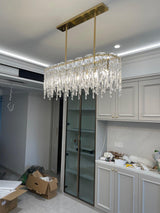 Modern Rectangular Icicle Crystal Glass Chandelier with Brass Finish for Luxury Dining Rooms