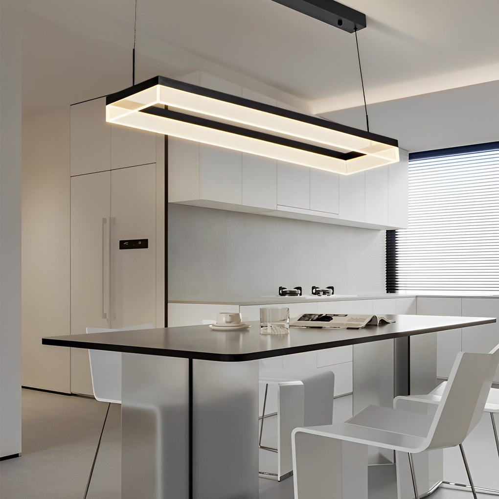 Modern Rectangular LED Dining Room Chandelier Black Pendant Light with Remote Control