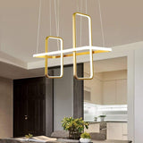 Modern Rectangular LED Pendant Light Fixture for Dining Room Black and Gold Finish