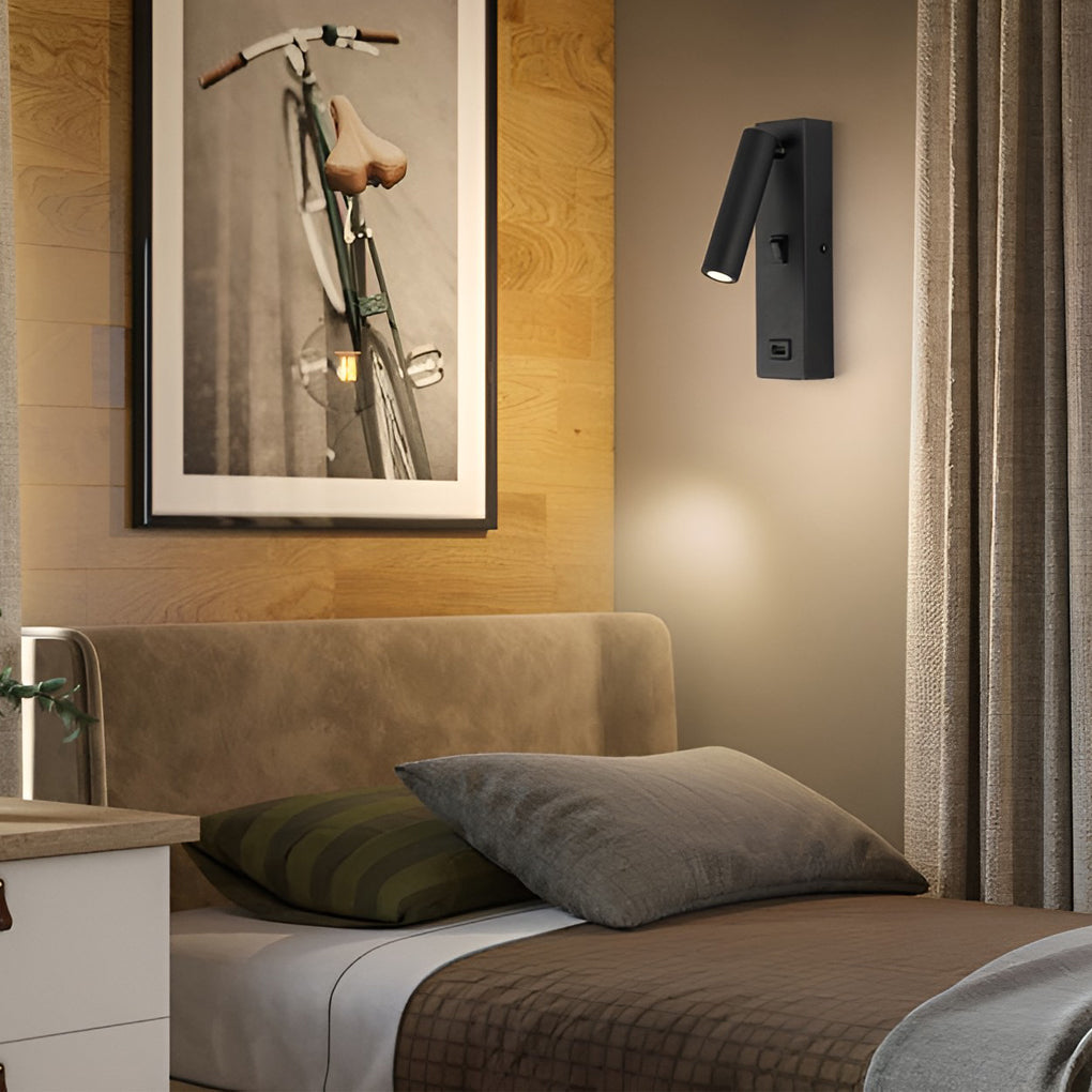 Modern Rectangular LED Wall Sconce with USB Charging Port and Manual Switch Bedside Reading Lamp