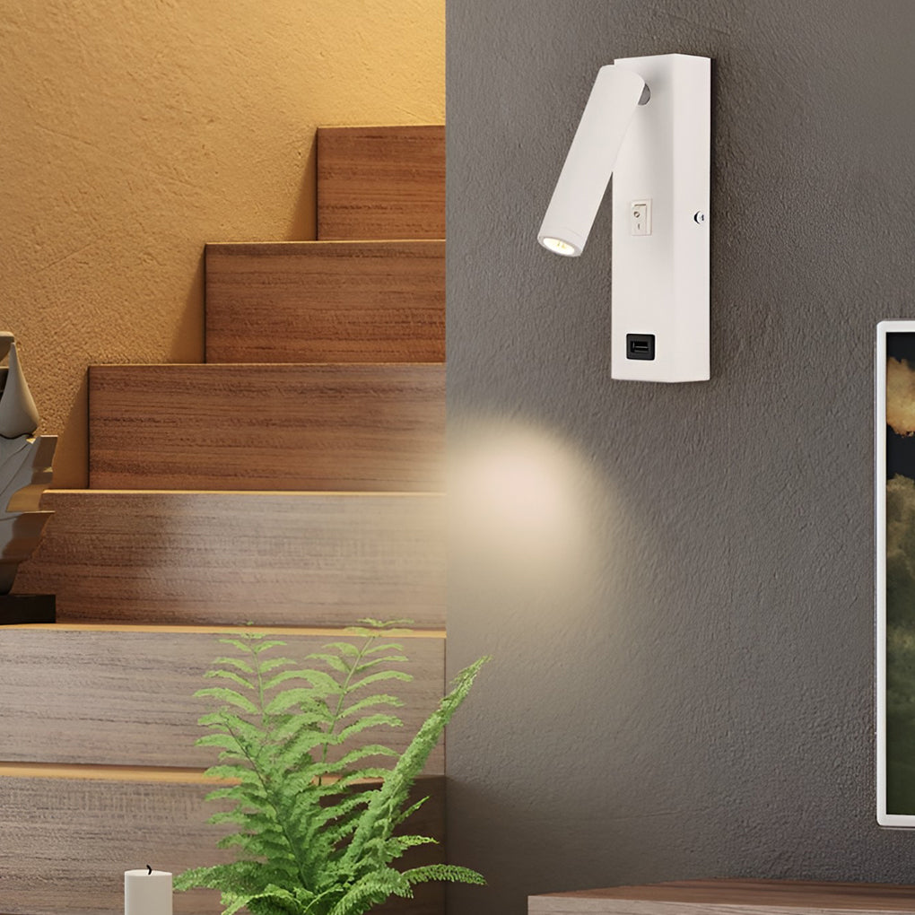 Modern Rectangular LED Wall Sconce with USB Charging Port and Manual Switch Bedside Reading Lamp