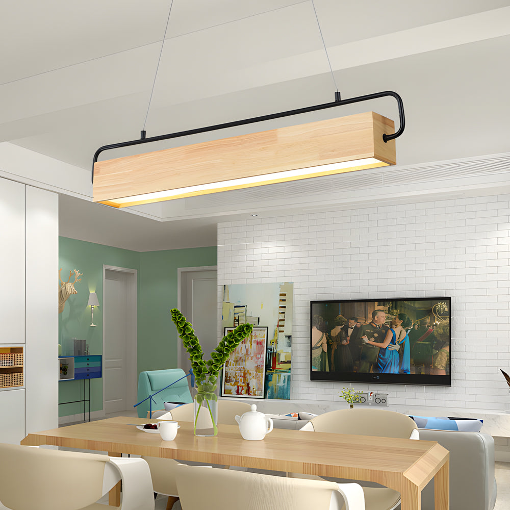 Modern Rectangular Rubber Wood LED Pendant Light for Dining Room and Kitchen Island