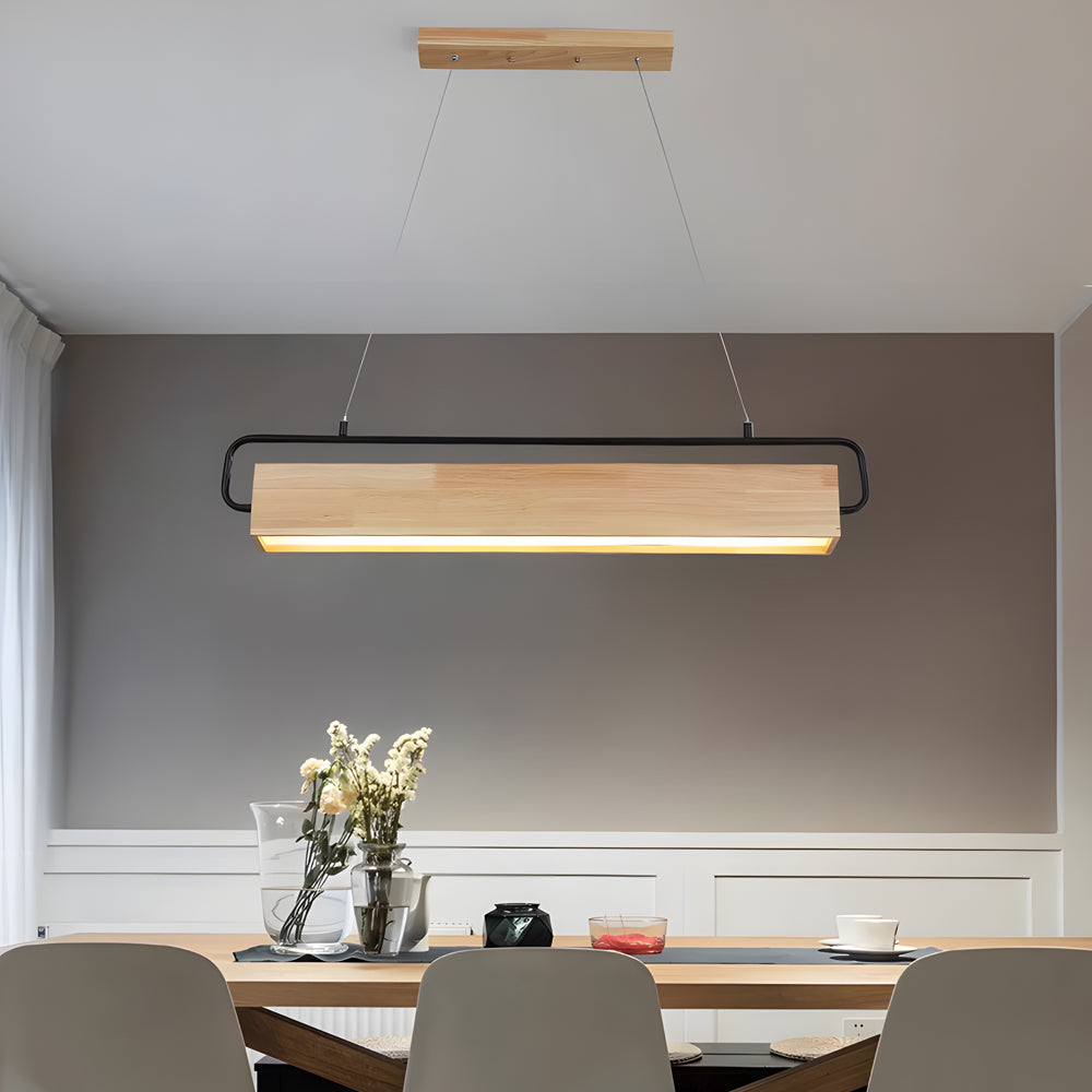 Modern Rectangular Rubber Wood LED Pendant Light for Dining Room and Kitchen Island