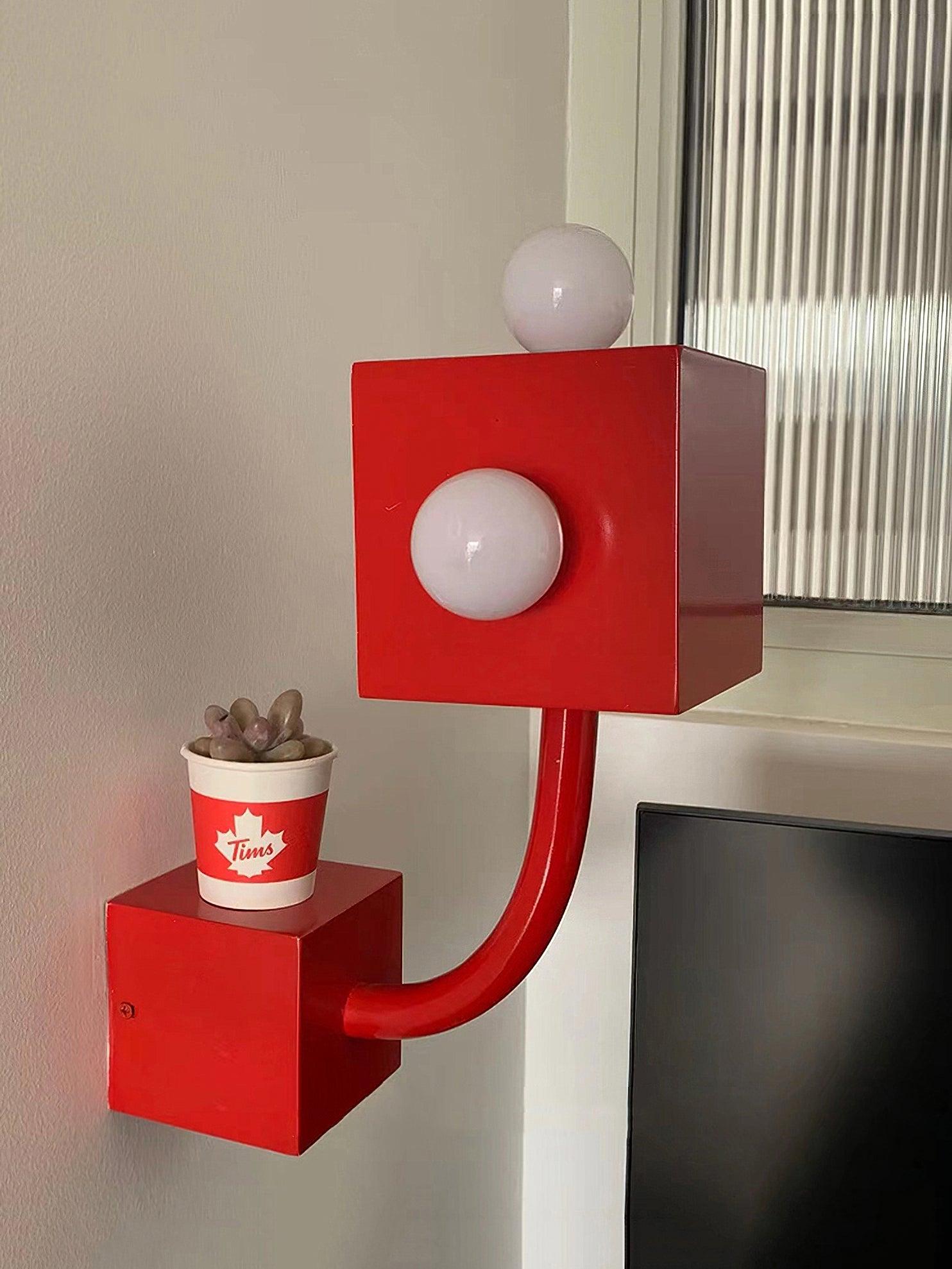 Modern Red Geometric Cube Wall Sconce Industrial Metal Indoor Light Fixture