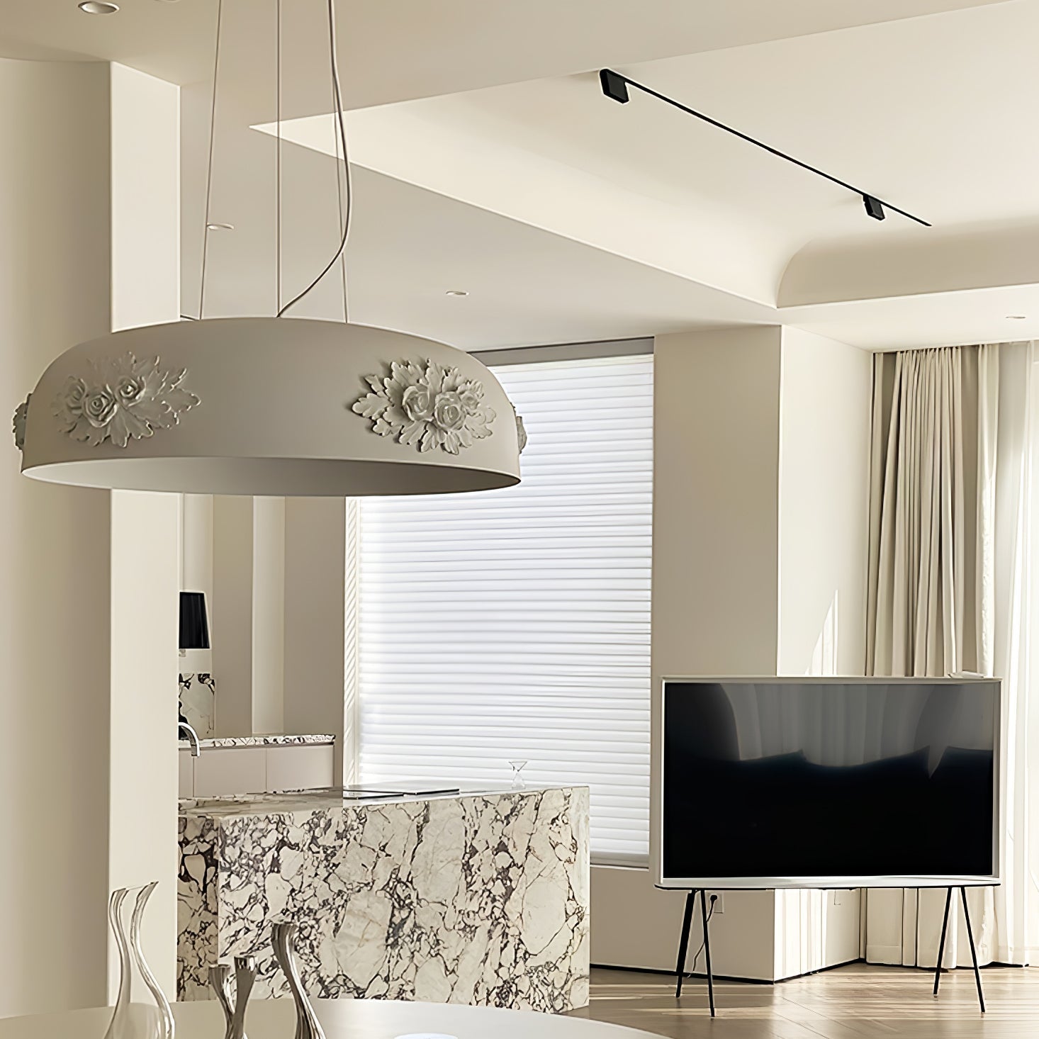 Modern Resin Pendant Light with Crystal Accents White and Beige LED Ceiling Fixture for Elegant Interiors