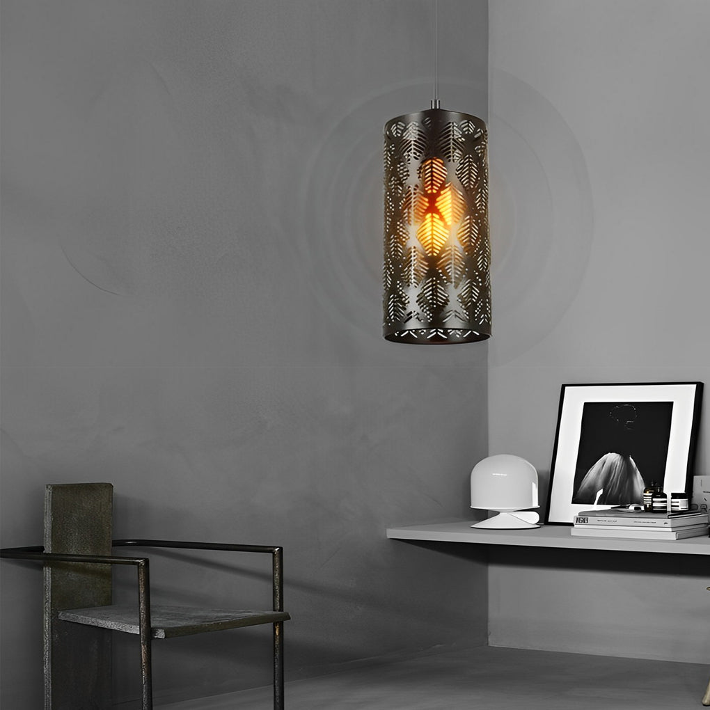 Modern Retro Cylindrical Hollow Iron Black Industrial Style Pendant Light for Kitchen and Dining Room