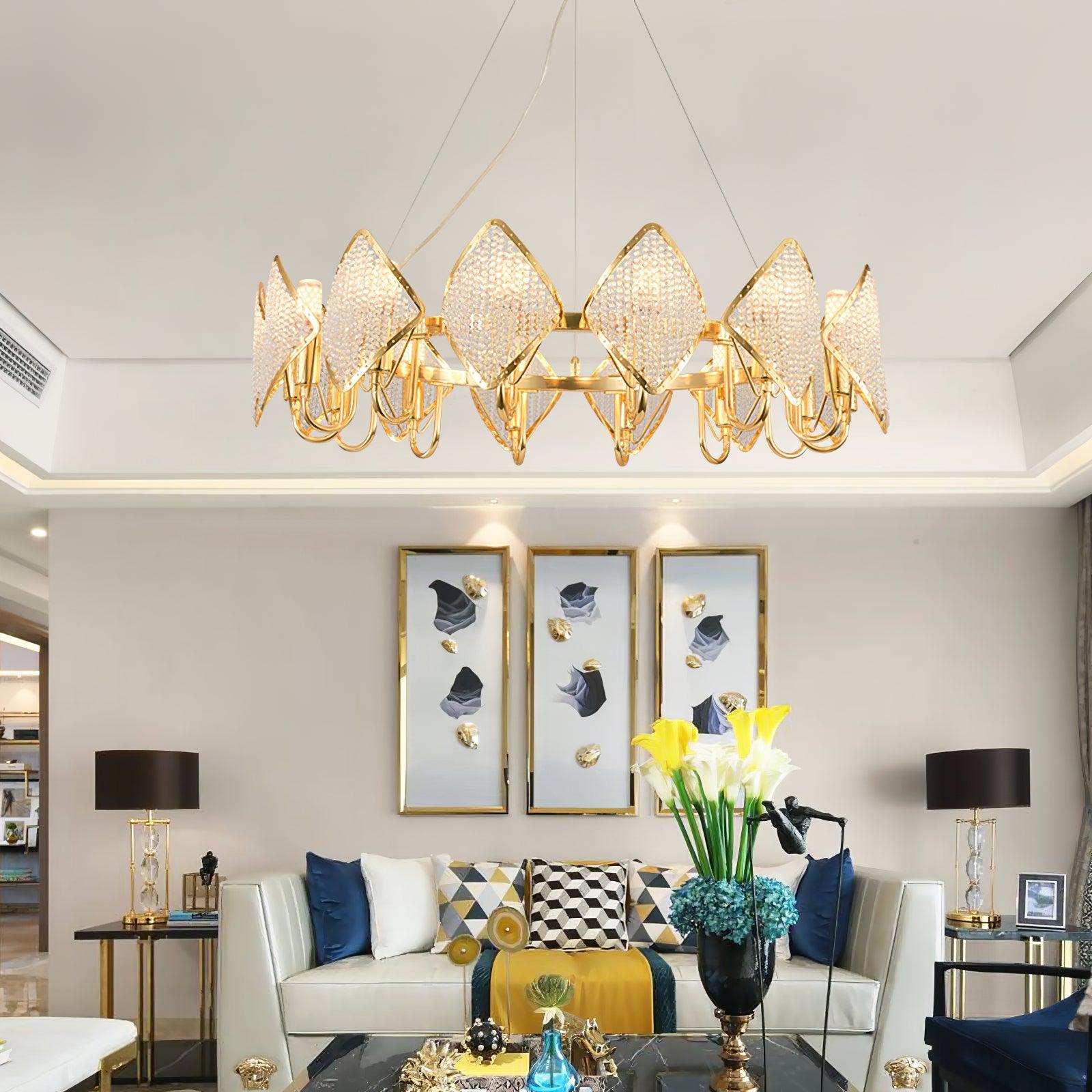 Modern Rhombus Crystal Chandelier Gold Geometric Ring LED Pendant Lighting for Luxury Interiors
