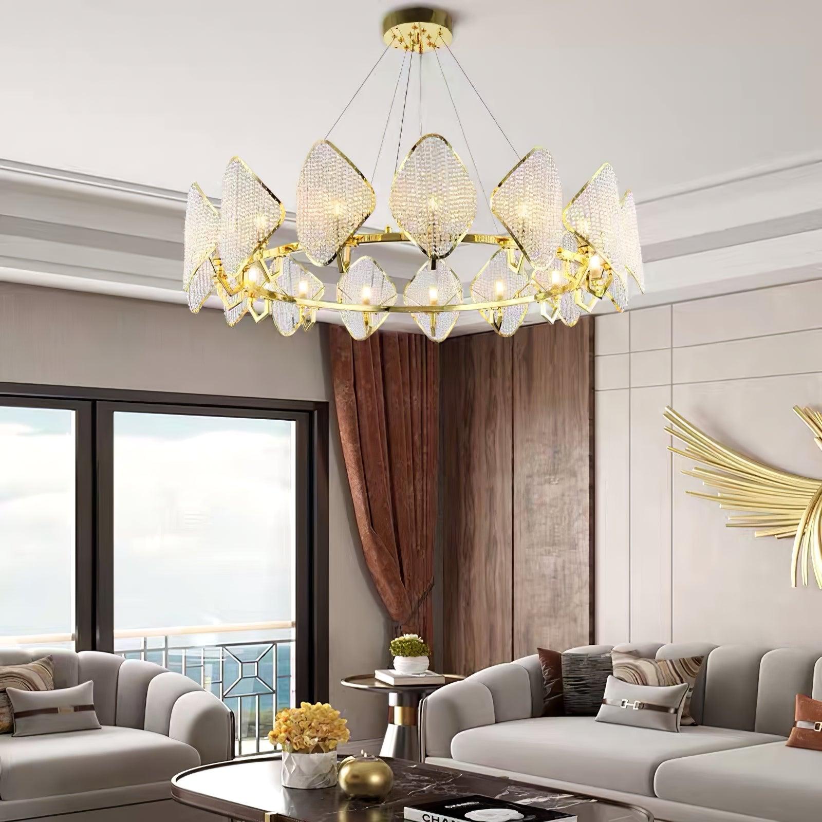 Modern Rhombus Crystal Chandelier Gold Geometric Ring LED Pendant Lighting for Luxury Interiors