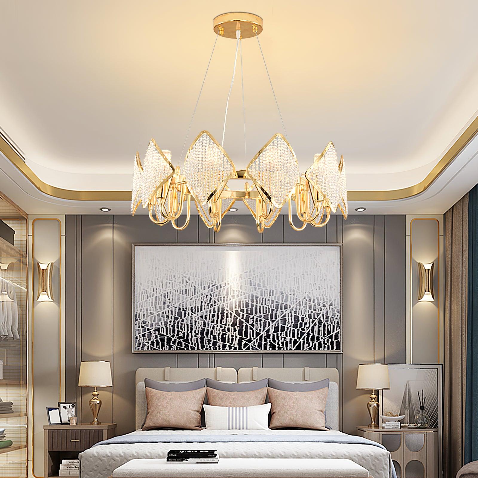 Modern Rhombus Crystal Chandelier Gold Geometric Ring LED Pendant Lighting for Luxury Interiors