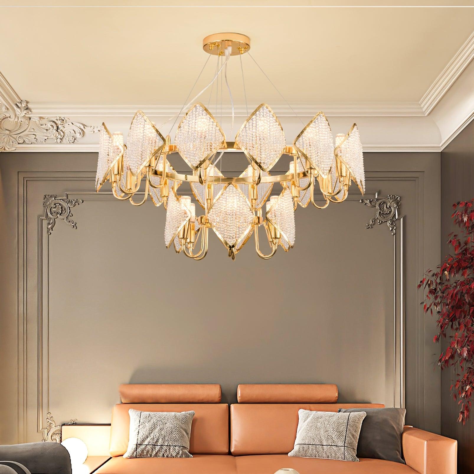 Modern Rhombus Crystal Chandelier Gold Geometric Ring LED Pendant Lighting for Luxury Interiors