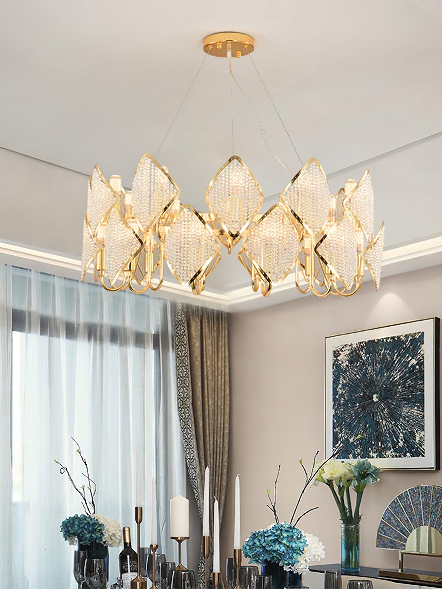 Modern Rhombus Crystal Chandelier Gold Geometric Ring LED Pendant Lighting for Luxury Interiors