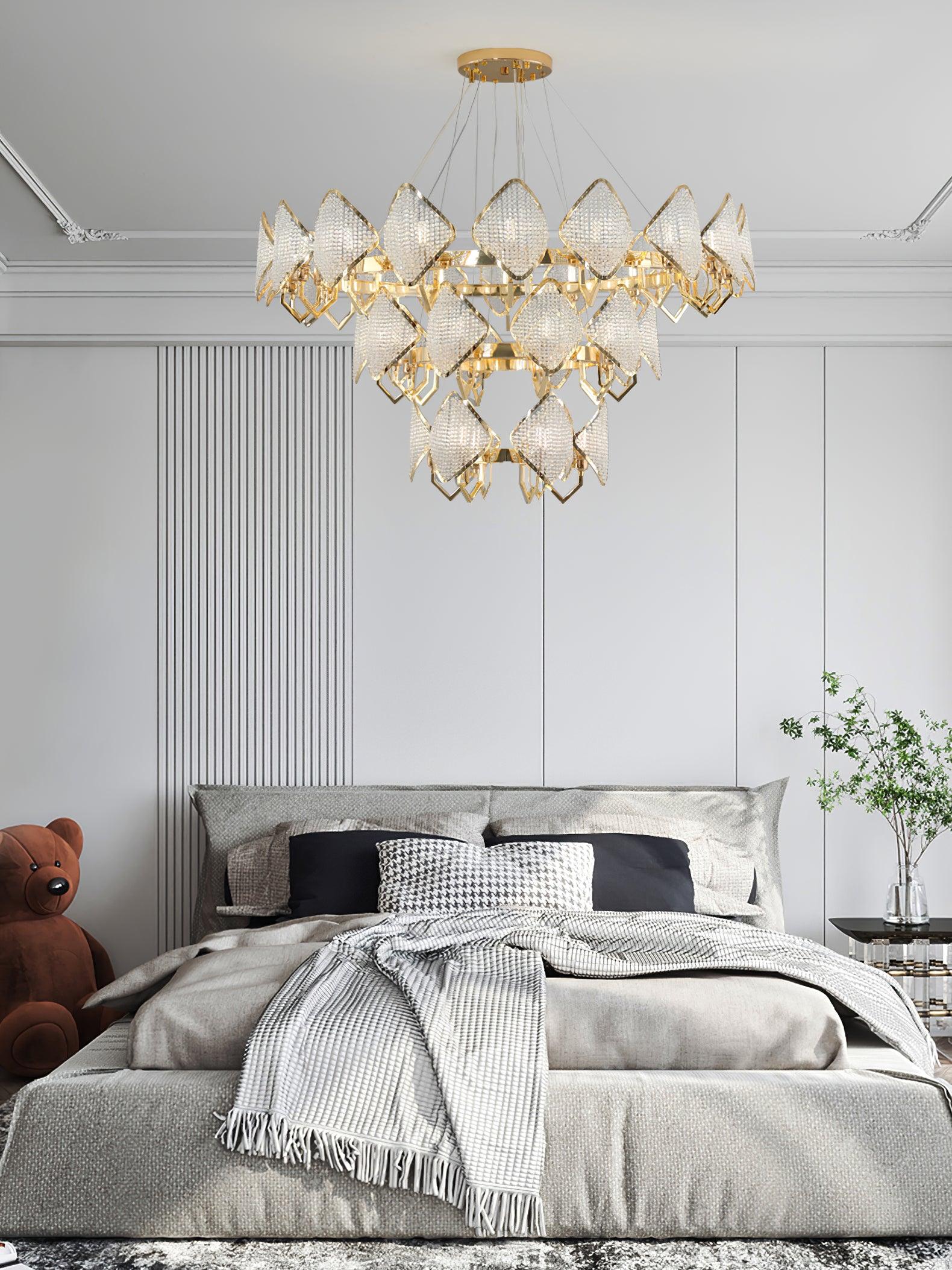 Modern Rhombus Crystal Chandelier Gold Geometric Ring LED Pendant Lighting for Luxury Interiors