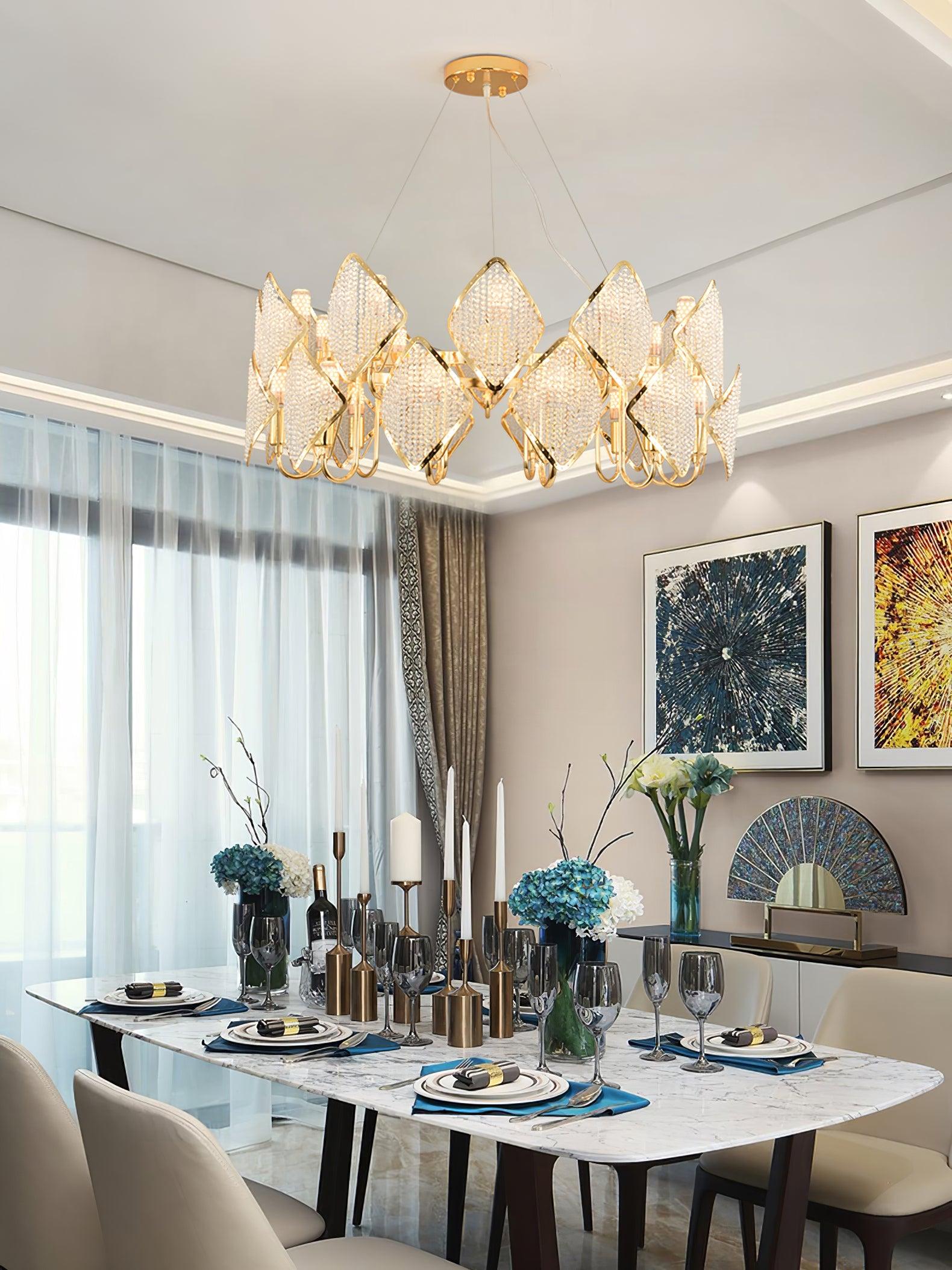Modern Rhombus Crystal Chandelier Gold Geometric Ring LED Pendant Lighting for Luxury Interiors