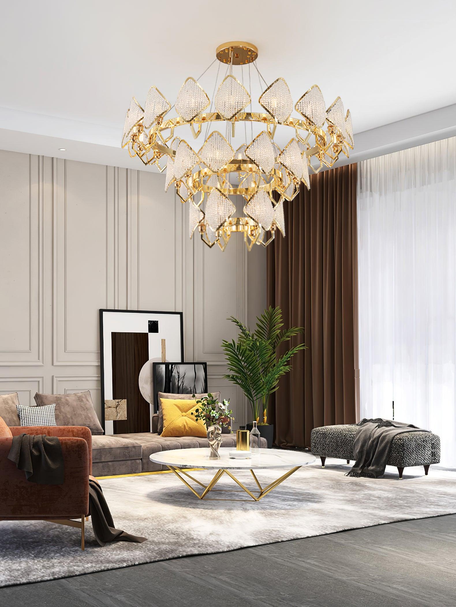 Modern Rhombus Crystal Chandelier Gold Geometric Ring LED Pendant Lighting for Luxury Interiors