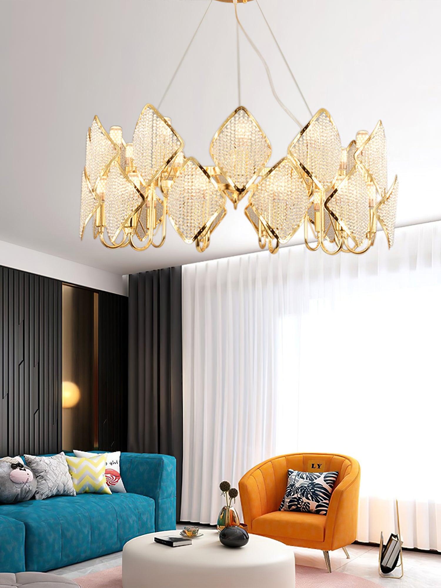 Modern Rhombus Crystal Chandelier Gold Geometric Ring LED Pendant Lighting for Luxury Interiors