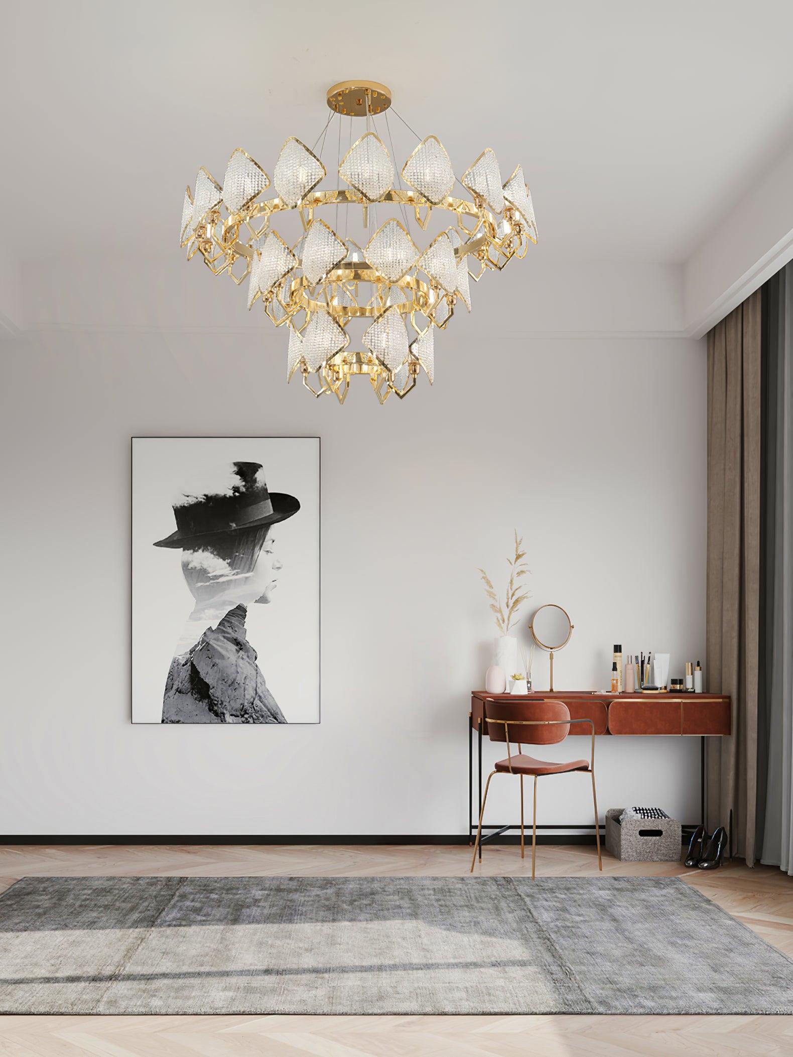 Modern Rhombus Crystal Chandelier Gold Geometric Ring LED Pendant Lighting for Luxury Interiors