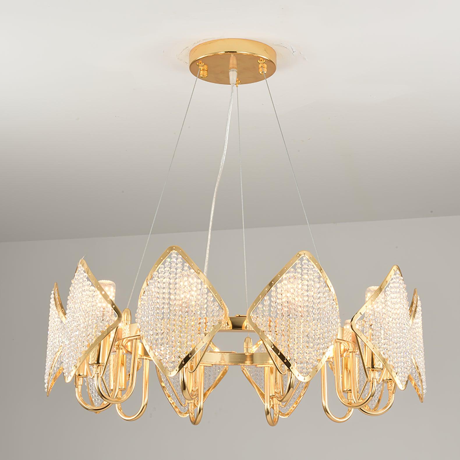 Modern Rhombus Crystal Chandelier Gold Geometric Ring LED Pendant Lighting for Luxury Interiors