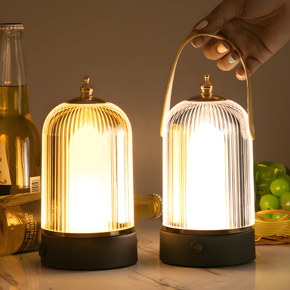 Modern Ribbed Glass Lantern LED Table Lamp Dimmable Bedside Ambient Lighting for Living Room and Bedroom