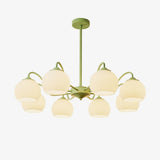 Modern Ribbed Glass Matcha Branch Chandelier with Milky White Shades for Living Dining Room