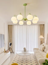 Modern Ribbed Glass Matcha Branch Chandelier with Milky White Shades for Living Dining Room