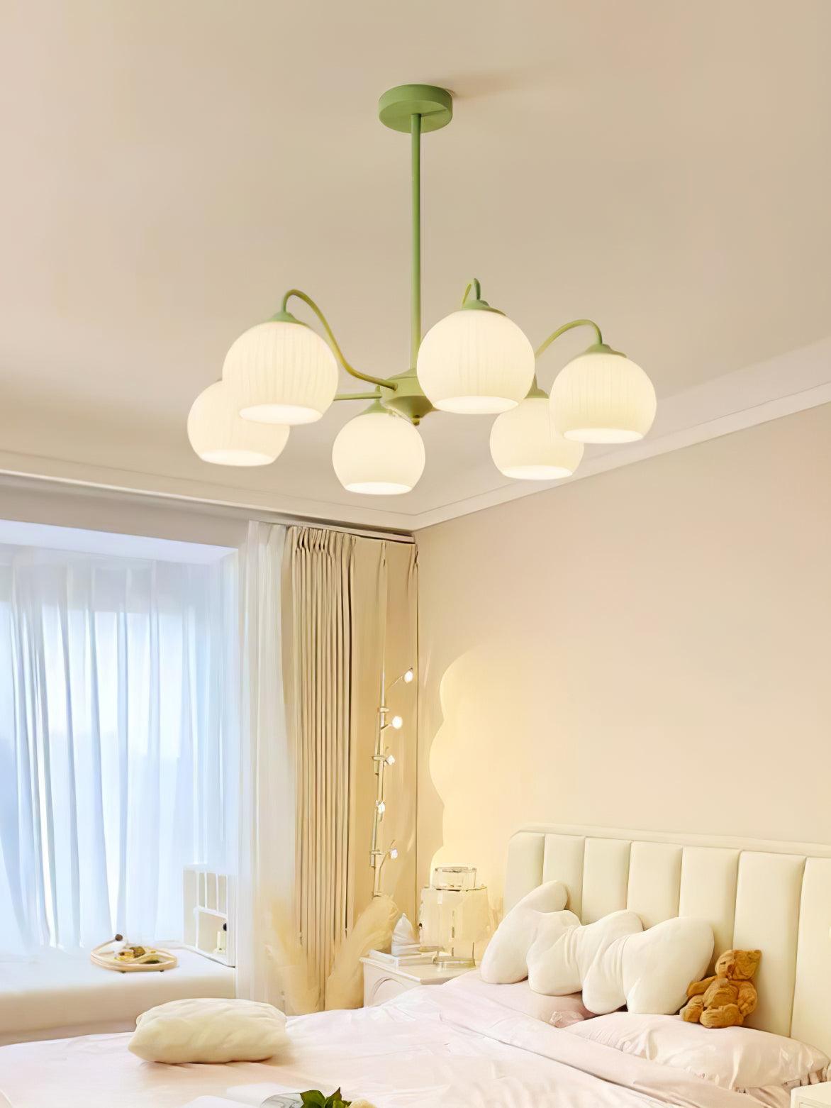 Modern Ribbed Glass Matcha Branch Chandelier with Milky White Shades for Living Dining Room
