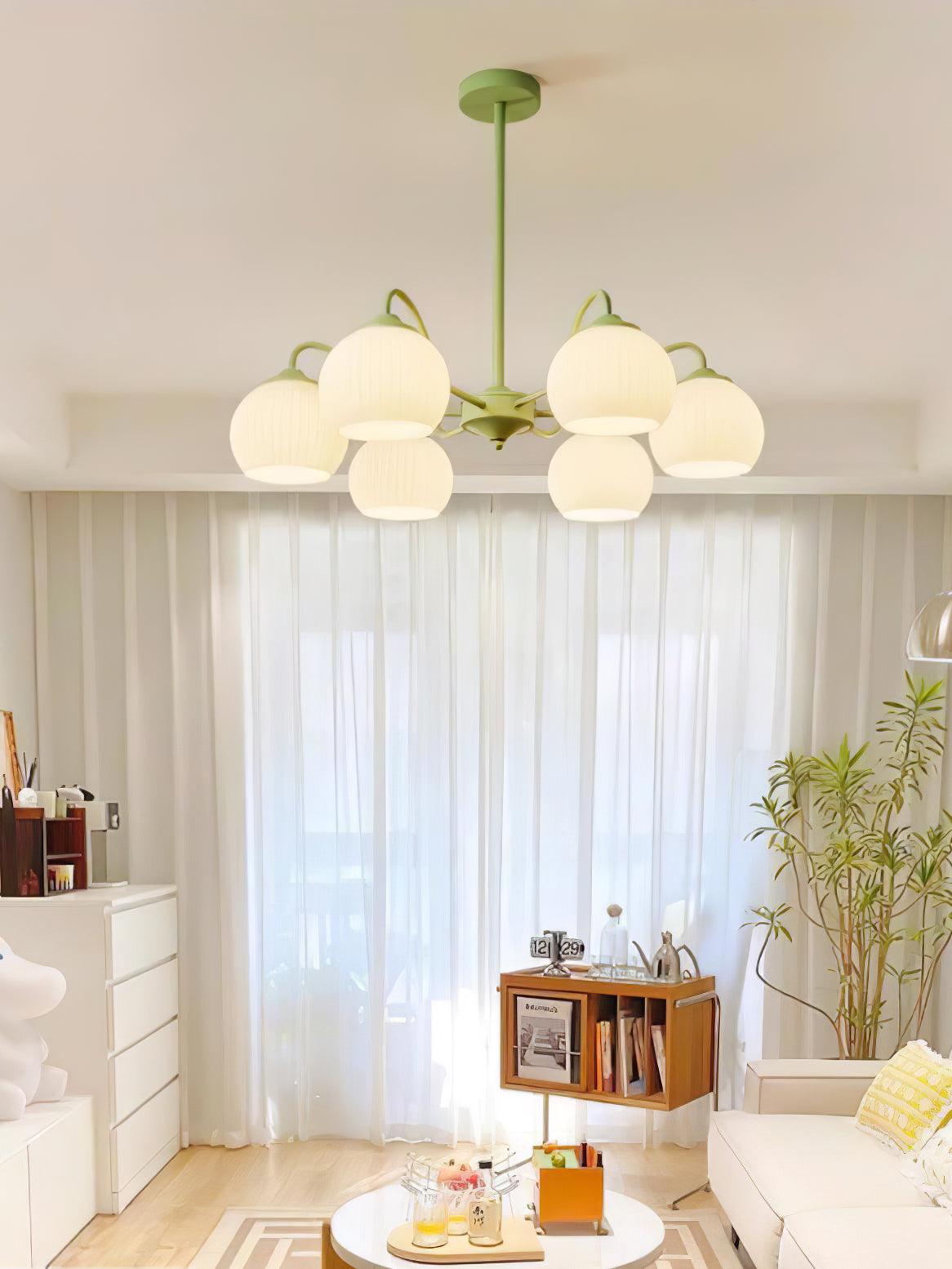 Modern Ribbed Glass Matcha Branch Chandelier with Milky White Shades for Living Dining Room