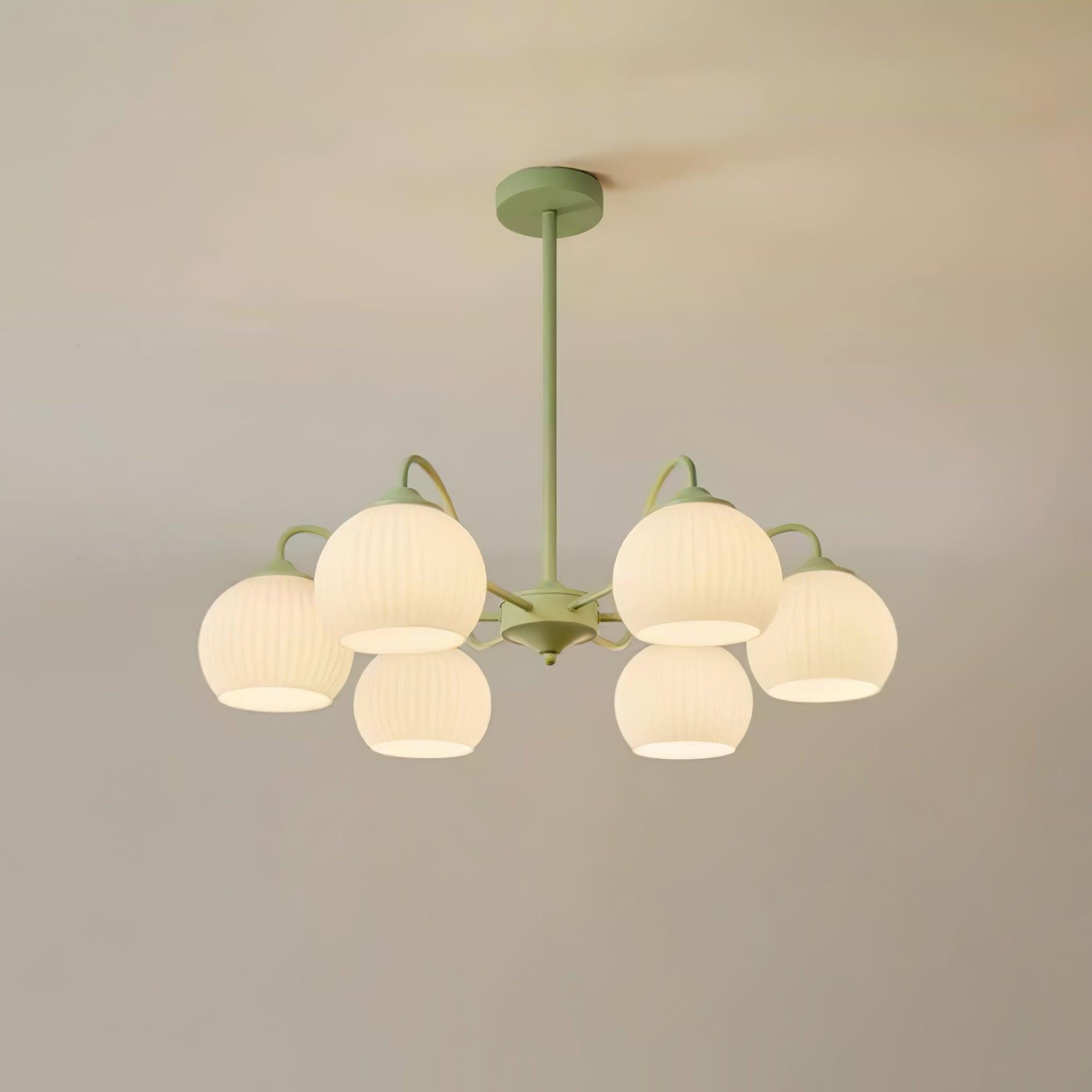 Modern Ribbed Glass Matcha Branch Chandelier with Milky White Shades for Living Dining Room