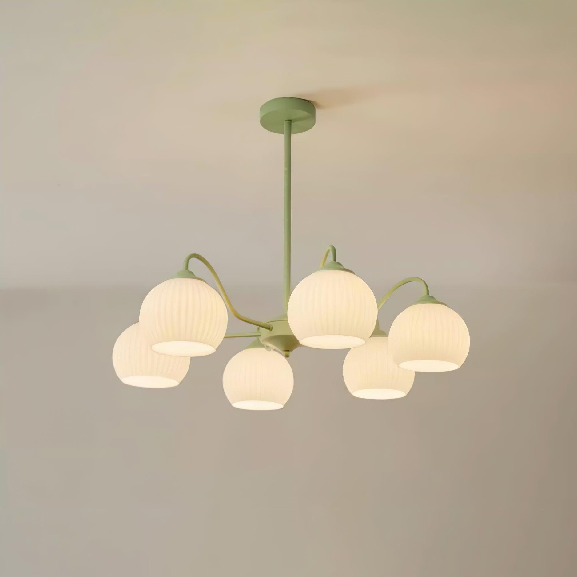 Modern Ribbed Glass Matcha Branch Chandelier with Milky White Shades for Living Dining Room