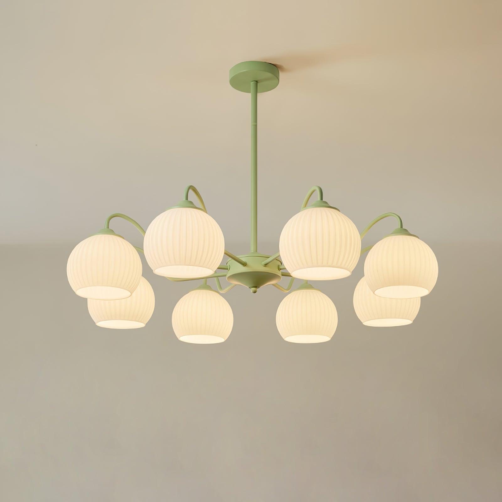 Modern Ribbed Glass Matcha Branch Chandelier with Milky White Shades for Living Dining Room