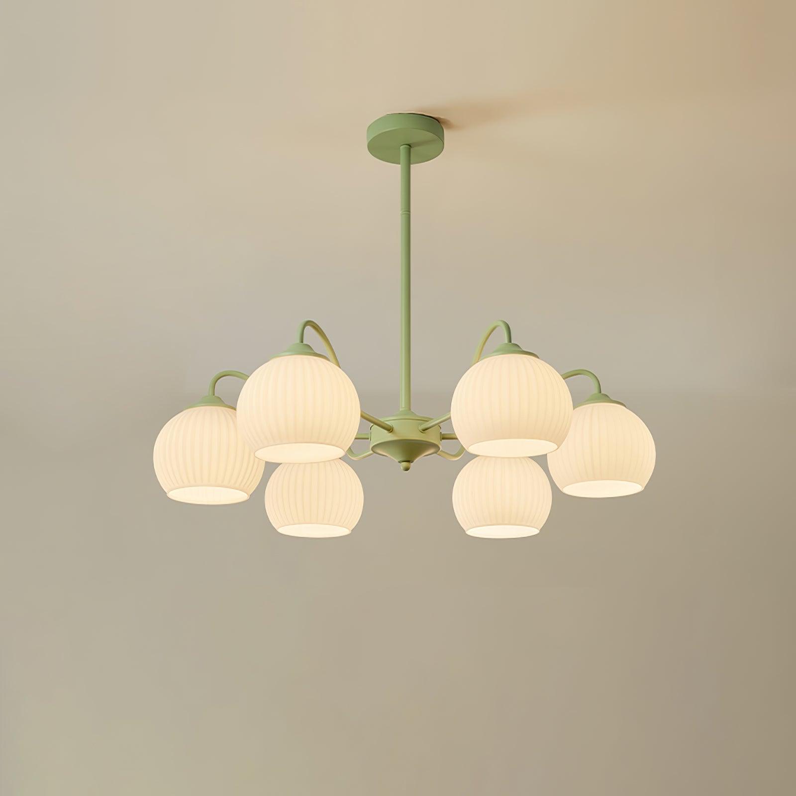 Modern Ribbed Glass Matcha Branch Chandelier with Milky White Shades for Living Dining Room