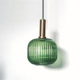 Modern Ribbed Glass Pendant Light with Metal Fixture in Amber Green and Gray Finishes