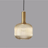 Modern Ribbed Glass Pendant Light with Metal Fixture in Amber Green and Gray Finishes