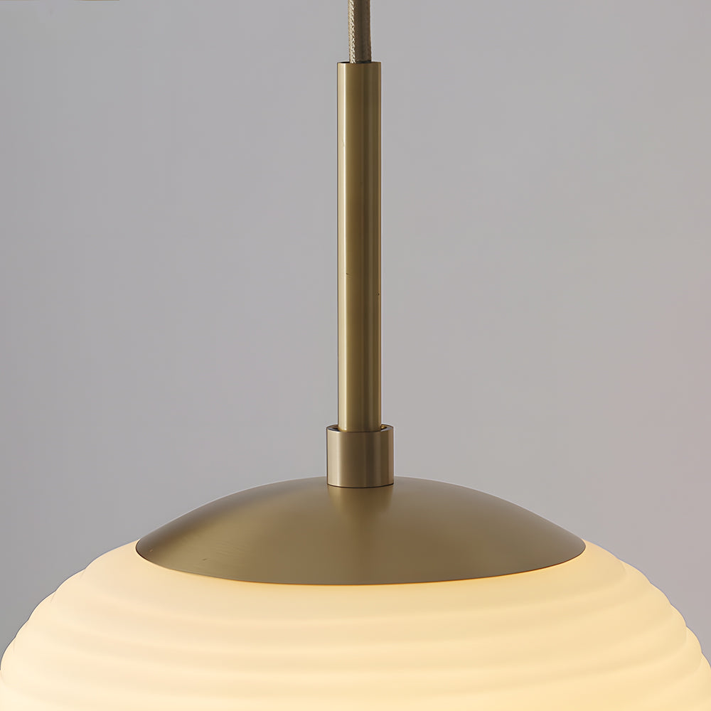 Modern Ribbed White Glass Cocoon Pendant Light Geometric Hanging Lamp with Brass Accents