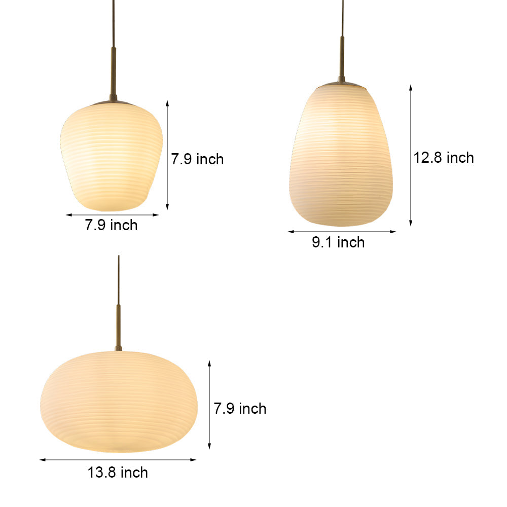 Modern Ribbed White Glass Cocoon Pendant Light Geometric Hanging Lamp with Brass Accents