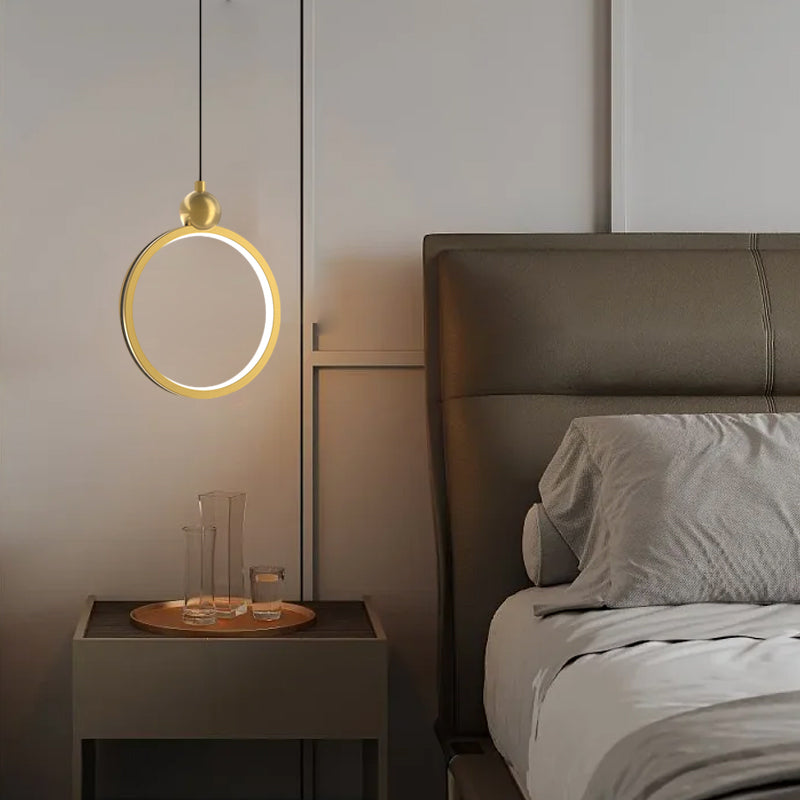 Modern Ring LED Pendant Light with Leather Accent 3 Step Dimming Aluminum Hanging Lamp