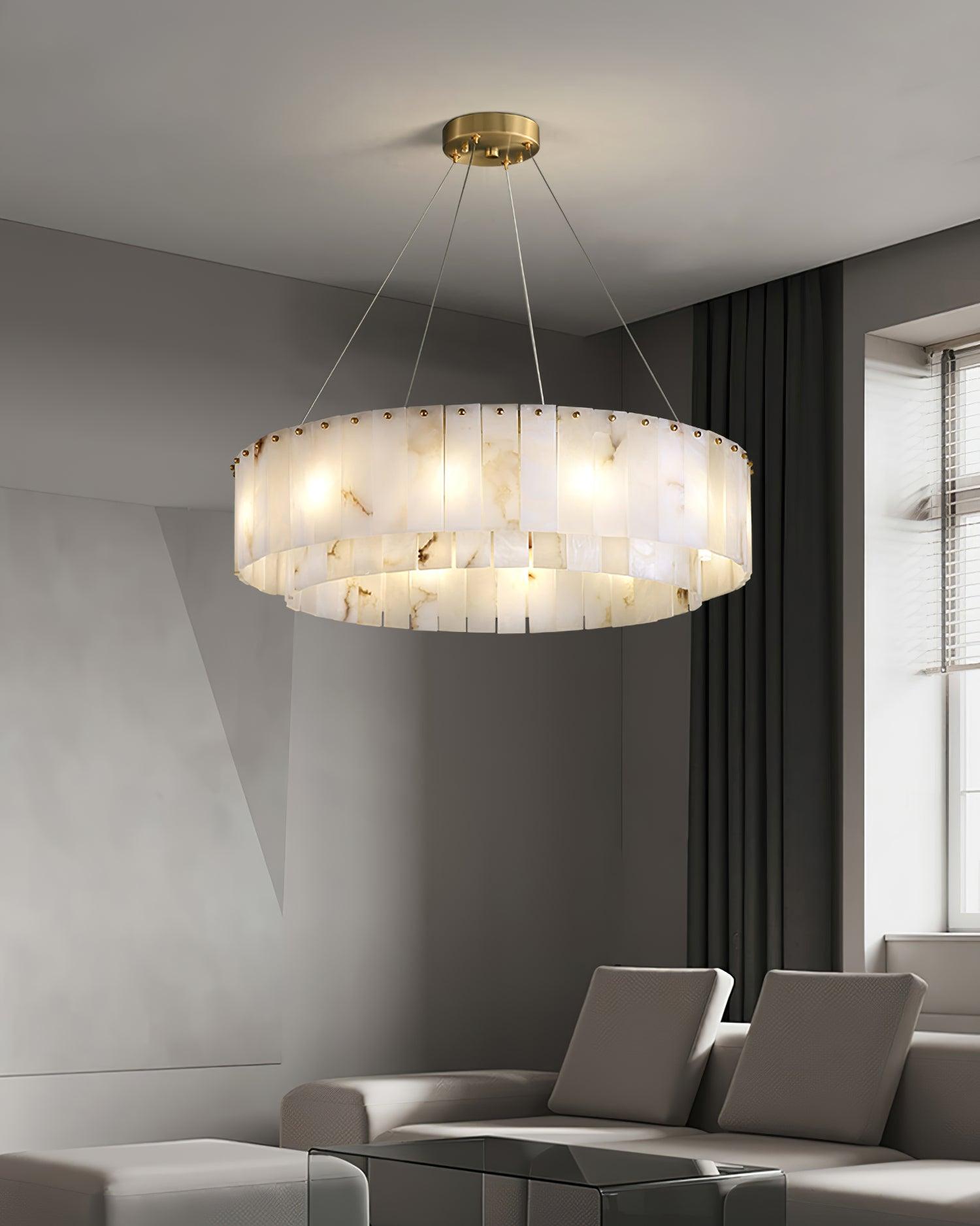 Modern Rock Alabaster Round Chandelier with Brass Hardware for Dining Room